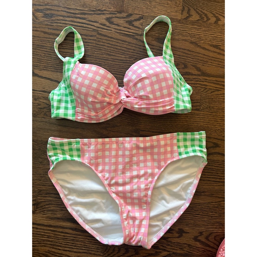 Draper James Lands End Bikini Set Pink Green Gingham Mixed Print Swimsuit 4 6